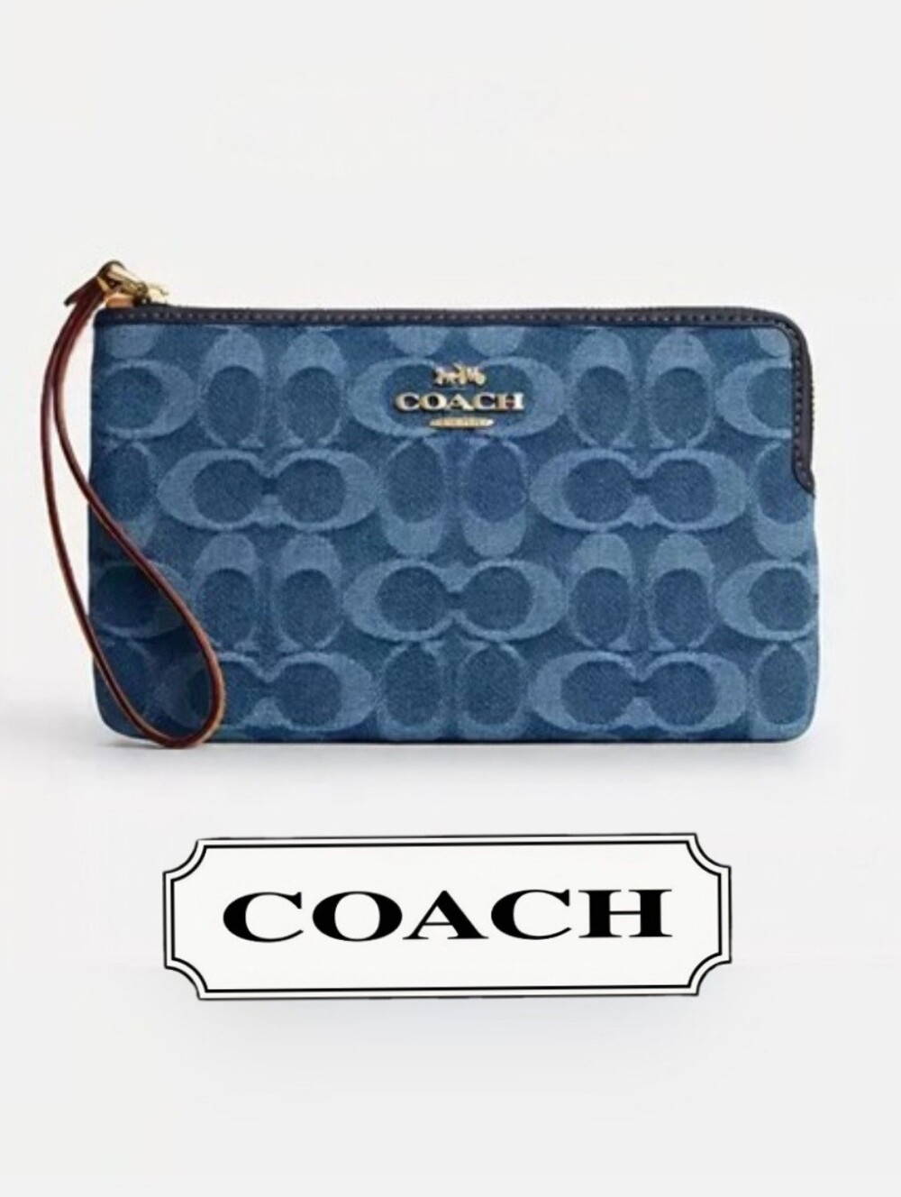 🔥COACH LARGE Signature Denim Wristlet, Tan Strap, Gold Hardware, NEW W/TAGS!